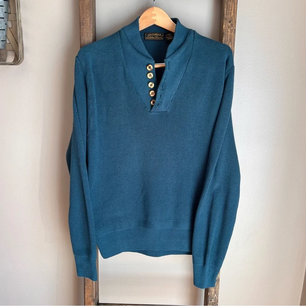 Vintage Eddie Bauer Black Tag Teal Button V Neck Sweater